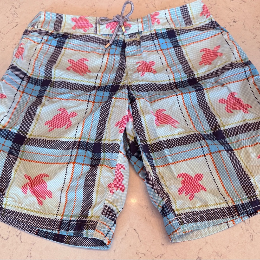 Vilebrequin Light Blue Plaid Swim Shorts with Pink Turtle Motif